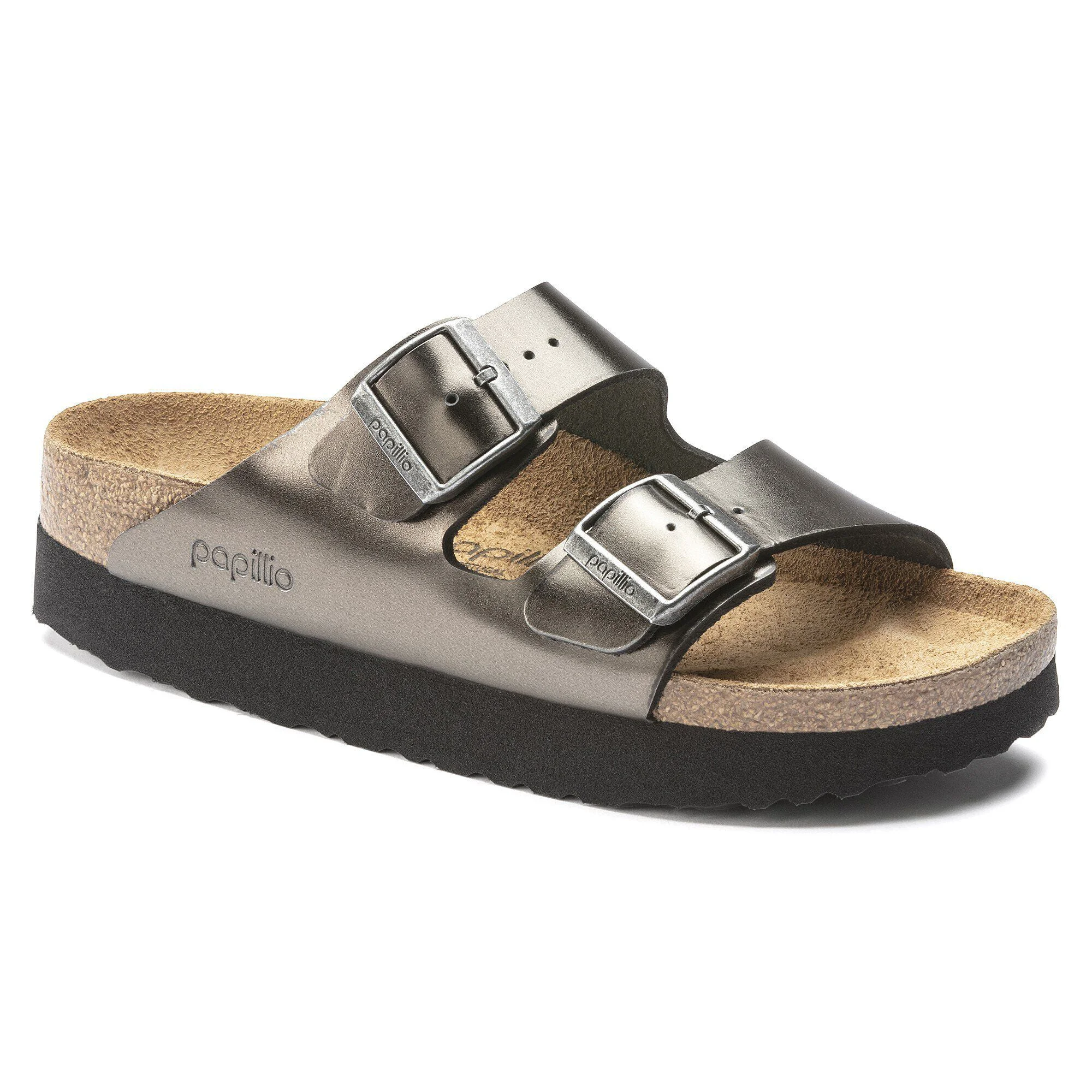 Selected Birkenstock Women's Arizona Platform Leather Metallic Anthracite Sandals Eco-Friendly