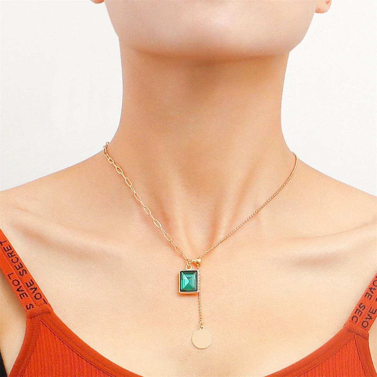 Versatile Green Crystal Goldtone Sequin Drop Necklace Solid