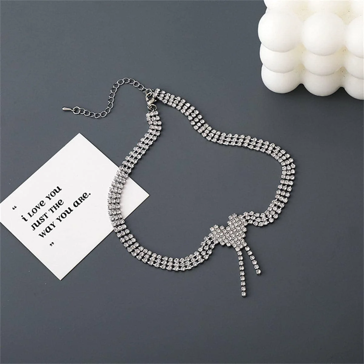 Authentic Cubic Zirconia Silvertone Heart Tassel Choker Necklace Functional