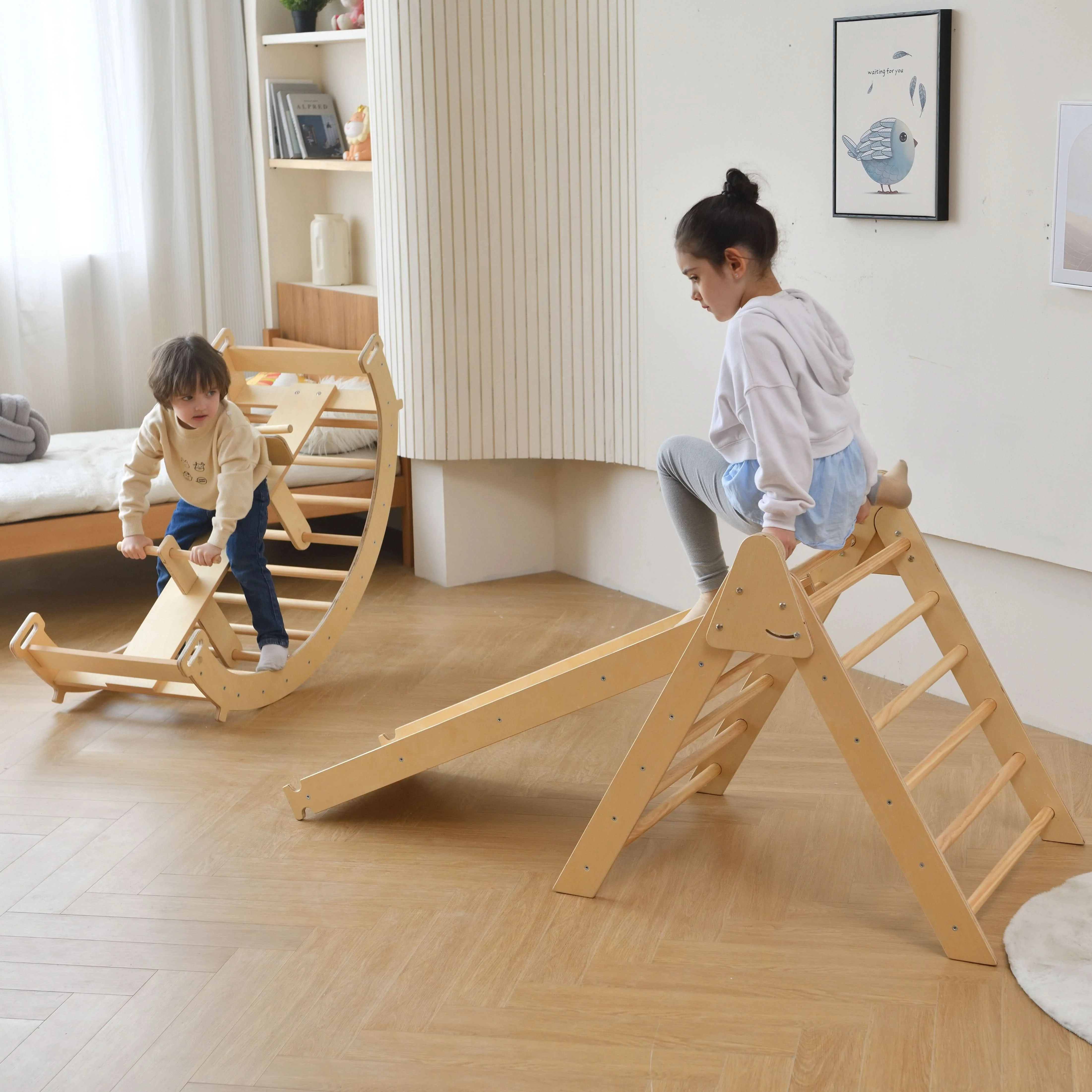 Contemporary Bazel 6-in-1 Pikler Climber Set Wooden Triangle Rocker Arch Slide for Toddlers Superior