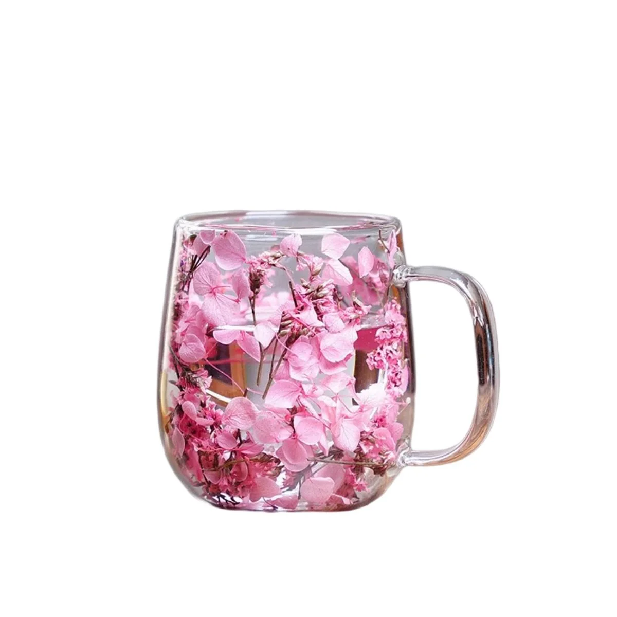 Green Double Wall Glass Mug with Dried Flowers - Insulated Floral Glass Cup with Handle Enhanced