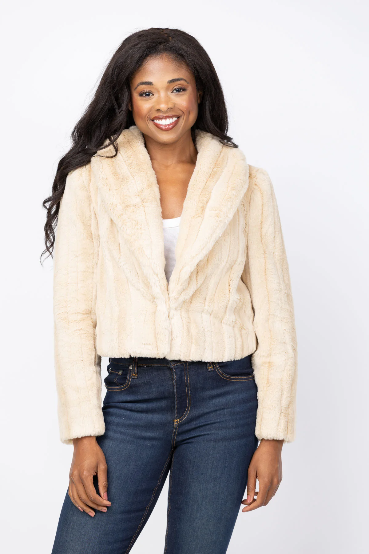 Organic L'AGENCE Davy Crop Jacket in Latte Striped Fur Natural