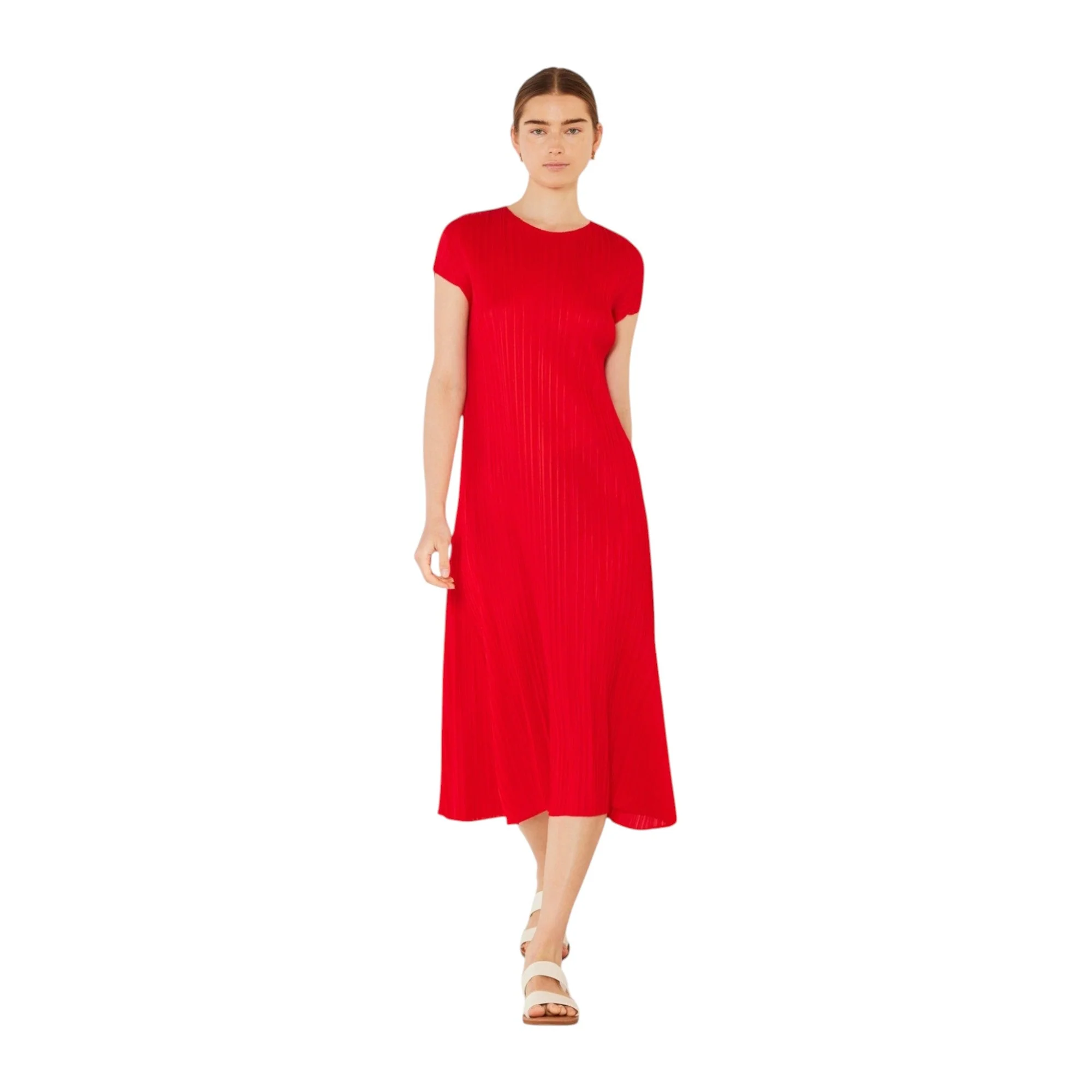 Authentic Marina West Pleated Cap Sleeve A-Line Midi Dress D01CS - Red Pure