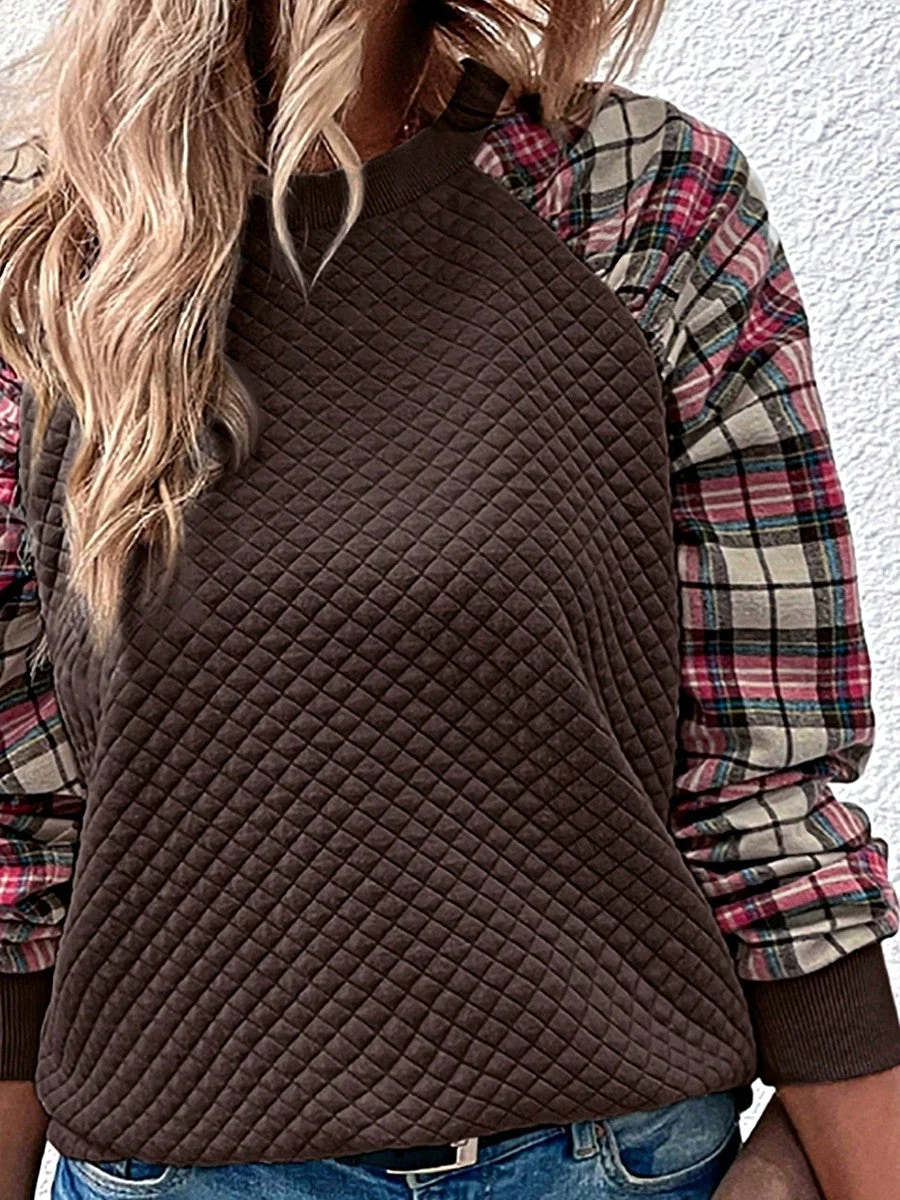 Consistent Boho Retro Vintage 90's Shirred Raglan Plaid Shoulder Long Sleeve Quilted Top Shirt Sweatshirt Pullover Responsible