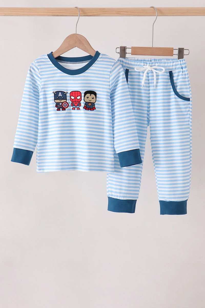 Crafted Blue Character Embroidery Stripe Pants Set Artisan