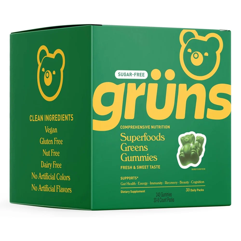 Certified Gruns Sugar Super Greens Gummies Daily Packs for Gut and Immunity Health 30Ea Top-Quality