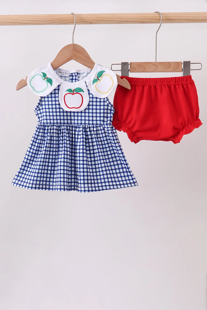 Breathable Navy Apple Embroidered Gingham Bloomer Set Prestigious