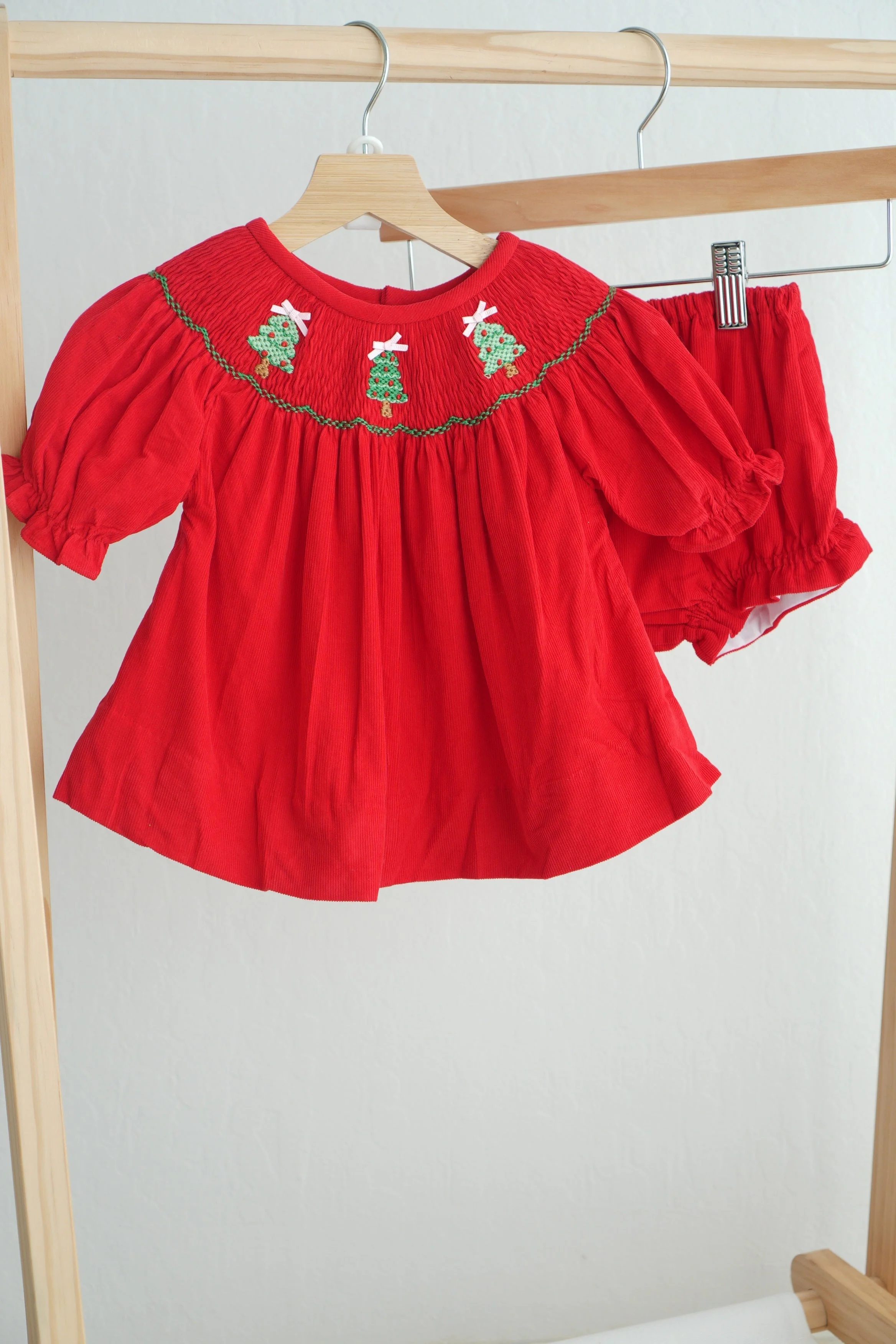 Quality Red christmas tree hand smocked bloomer set Original Design