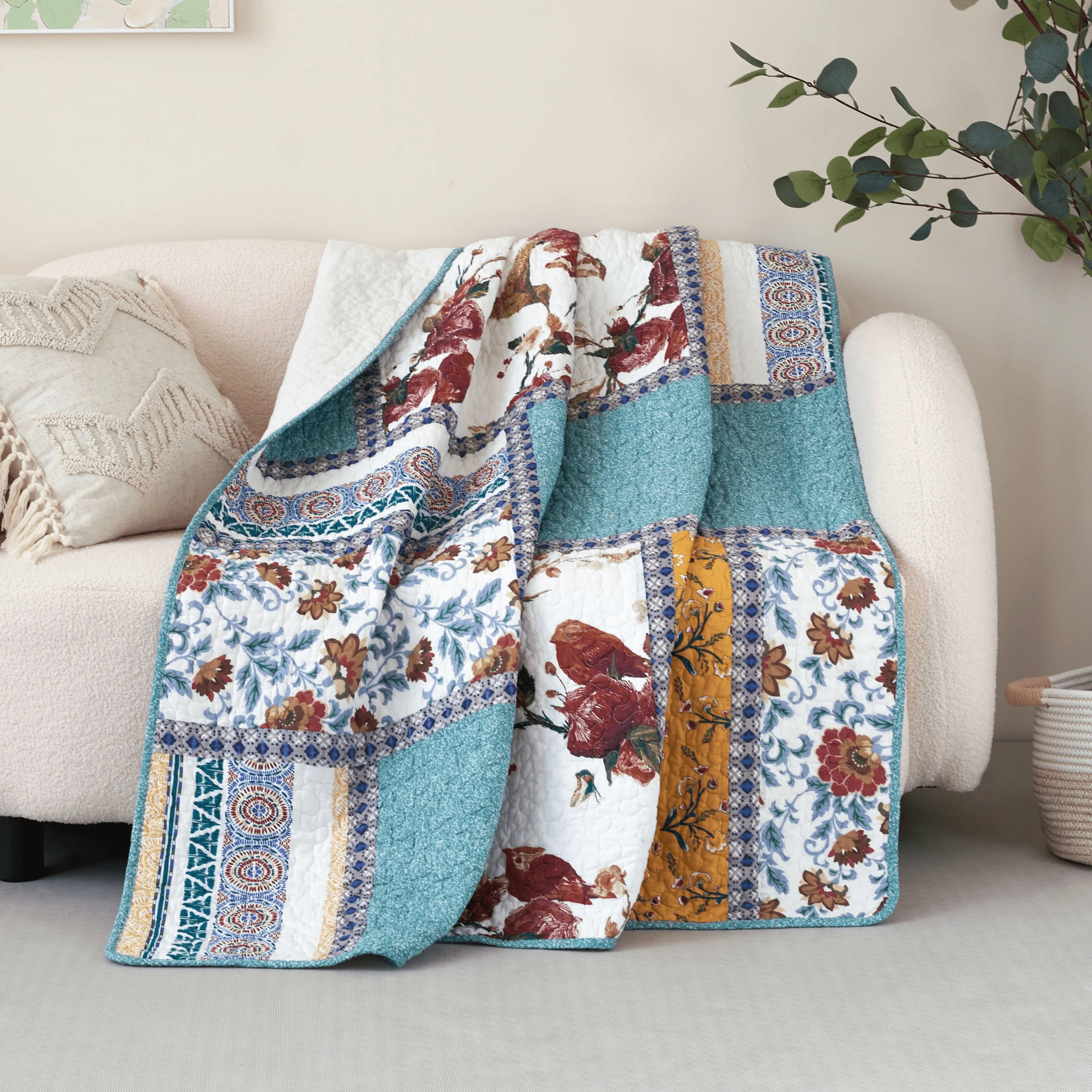 Sophisticated Tache Cotton Patchwork Old World Garden Pastel Blue Yellow Red Hummingbirds Quilted Throw Blanket JHW-936 First-Class