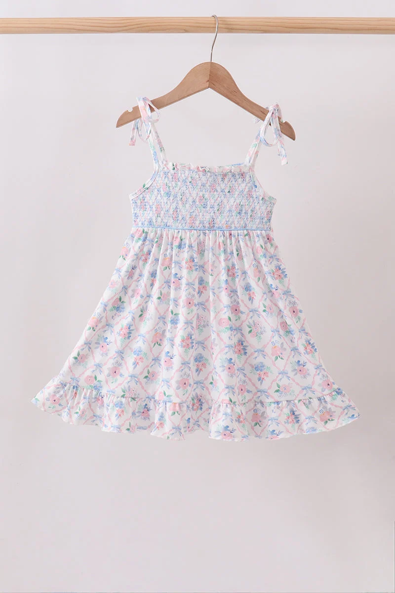 Casual Blue Floral Smocked Ruffle Dress Minimalist