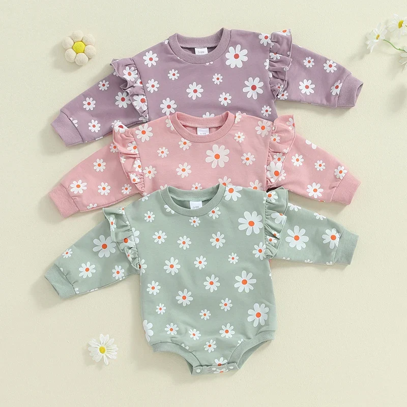Eco-Friendly Baby Girl Bubble Romper Flower Daisy Print Round Neck Long Sleeve JumpsuitSPECIFICATIONS Original