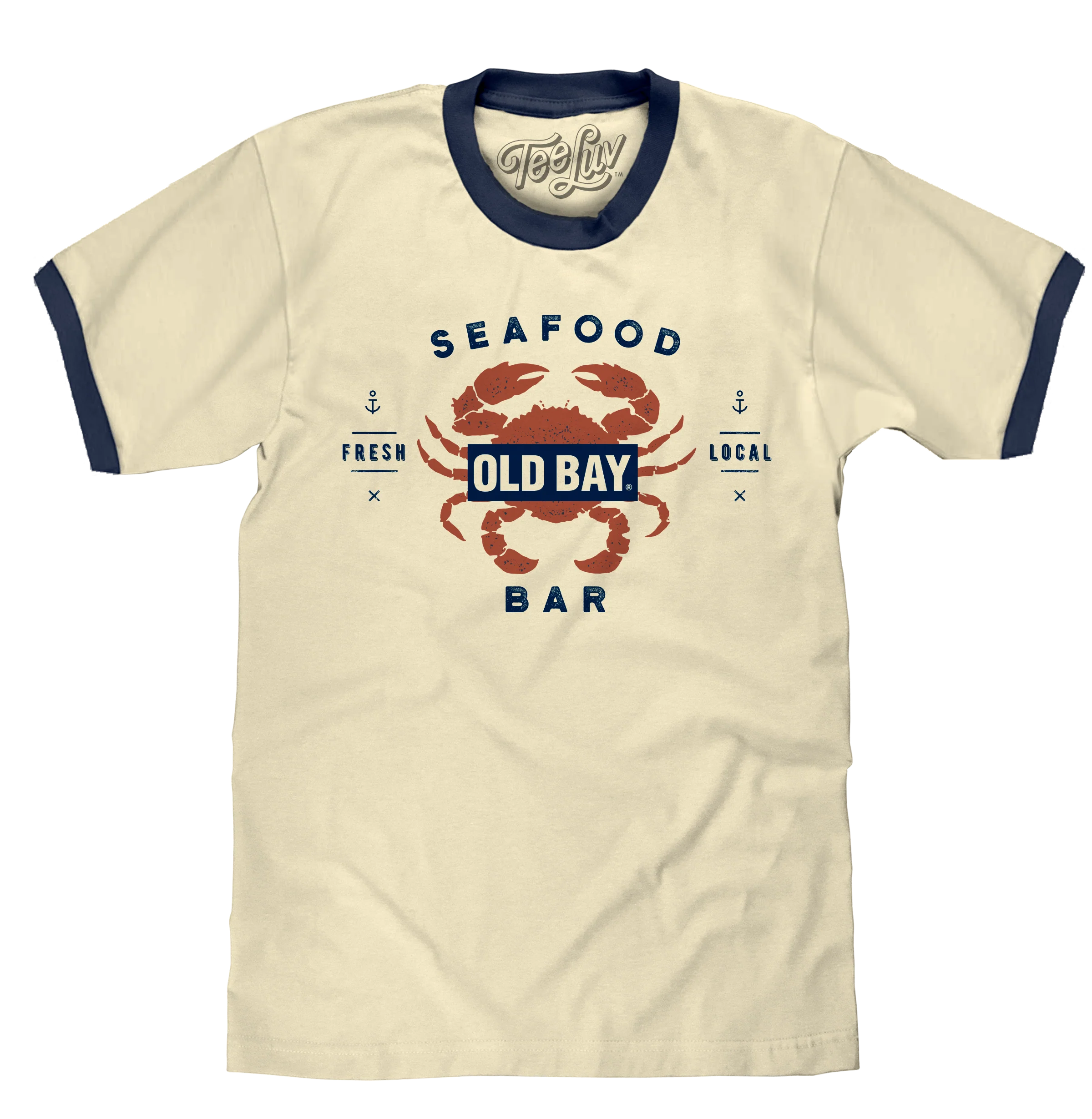 Advanced Old Bay Seafood Bar Lobster Logo Ringer T-Shirt - Beige and Navy Modern
