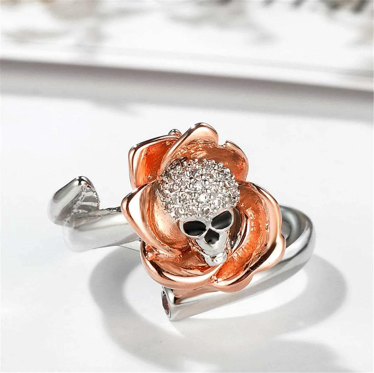 Enhanced Silvertone Rose Goldtone Skull Rose Adjustable Ring Quality
