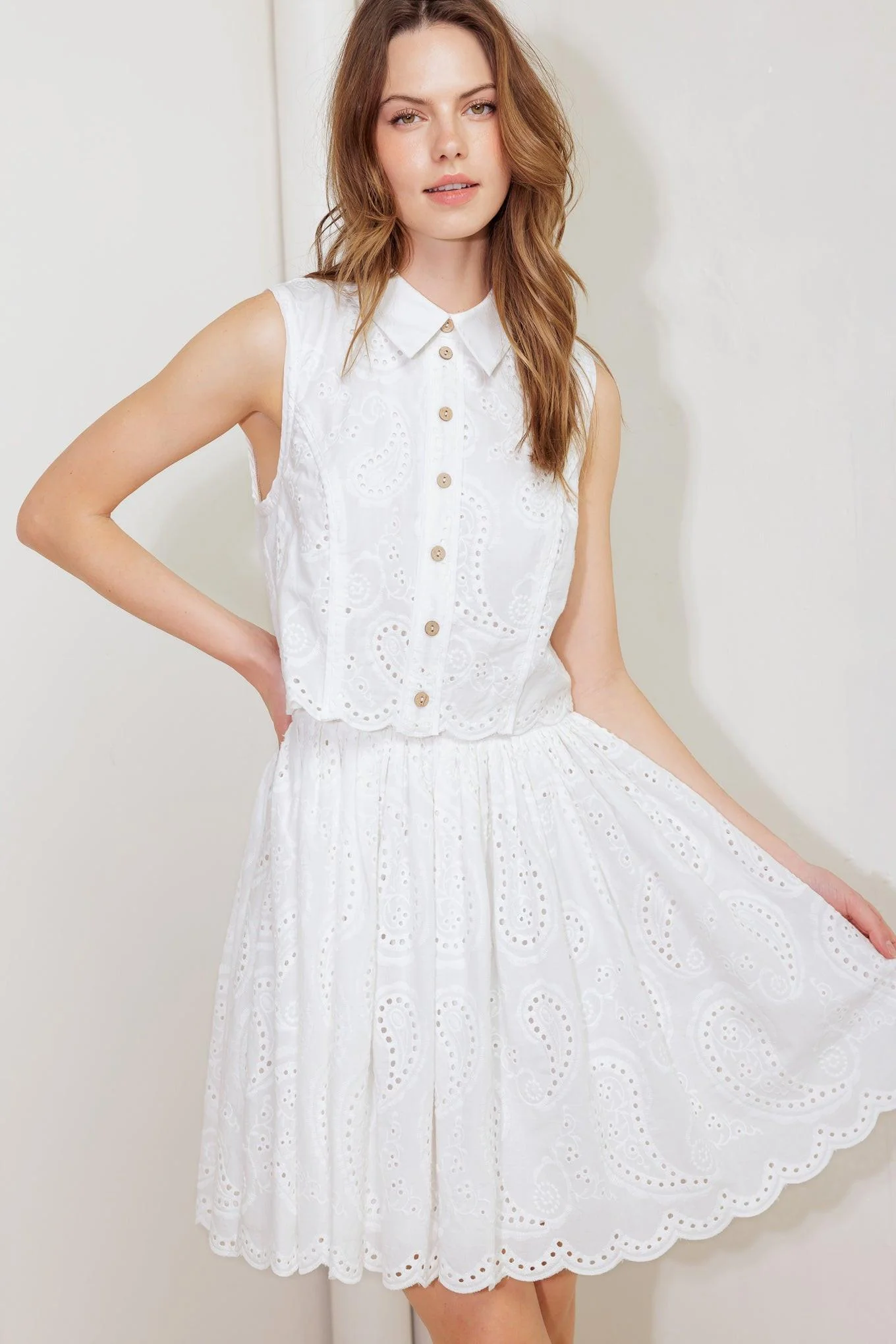 Smart Leaf Kiss White Woven Eyelet Mini Dress Versatile