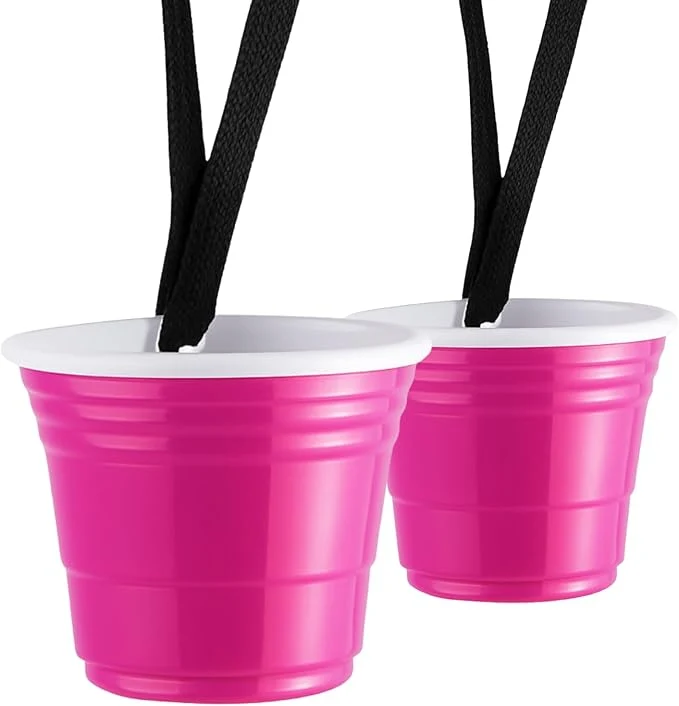 Certified Red Cup Living Pink Plastic Shot Glasses with Lanyard 2oz Reusable Heavy-Duty for Parties Gifting Christmas Holiday Gifts Water Drinks Sturdy and Strong Glasses Cute Pack of 2 Safe