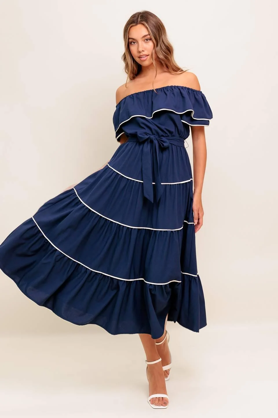 Effective Buttercream Dream Navy Woven Midi Dress Top-Quality