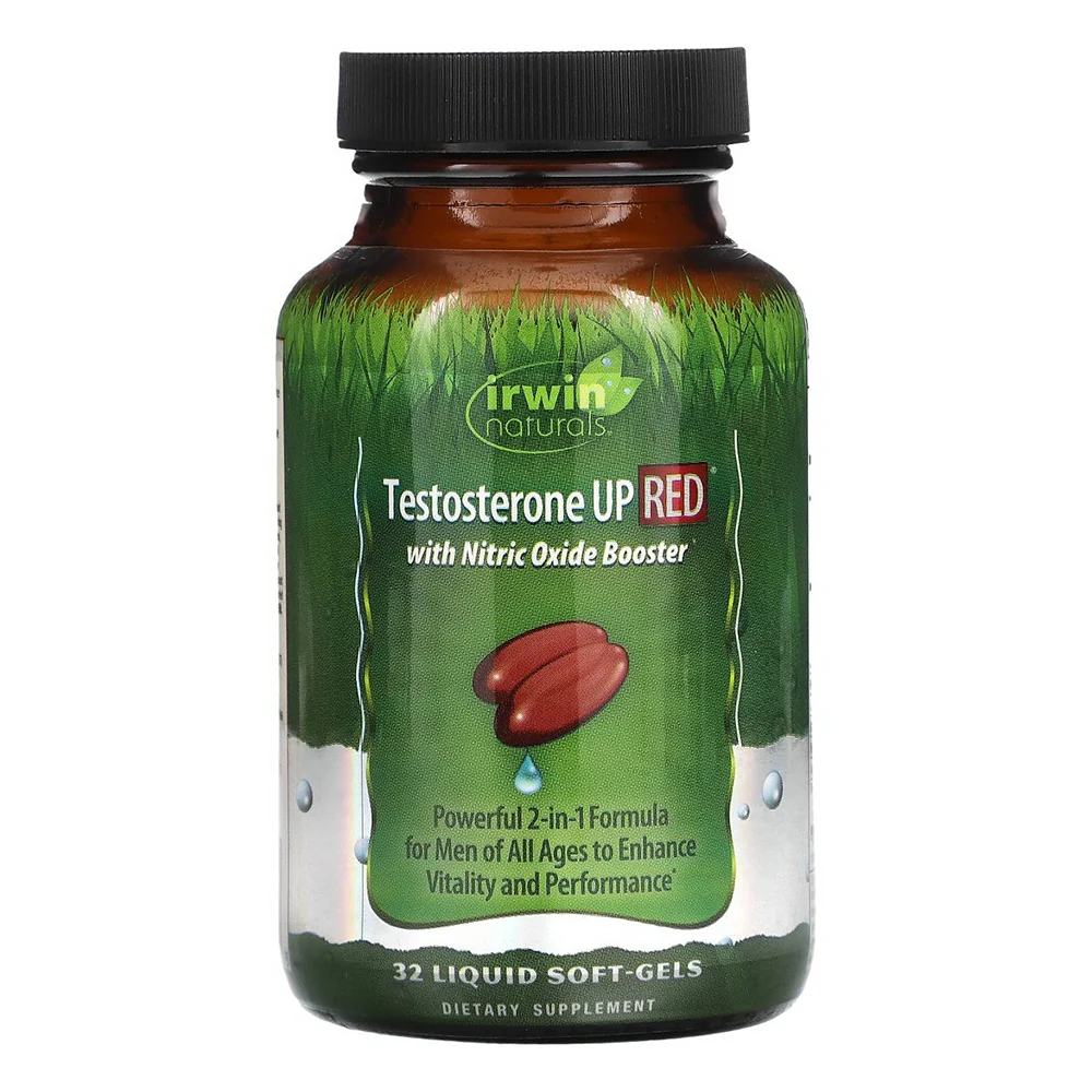 Official Irwin Naturals Testosterone UP Red Nitric Oxide Booster Liquid Soft Gels Enhance Vitality and Performance 32Ea Advanced