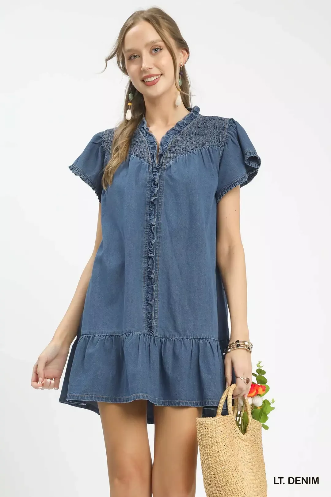 Dependable Umgee Ruffled Washed Denim Dress Advanced