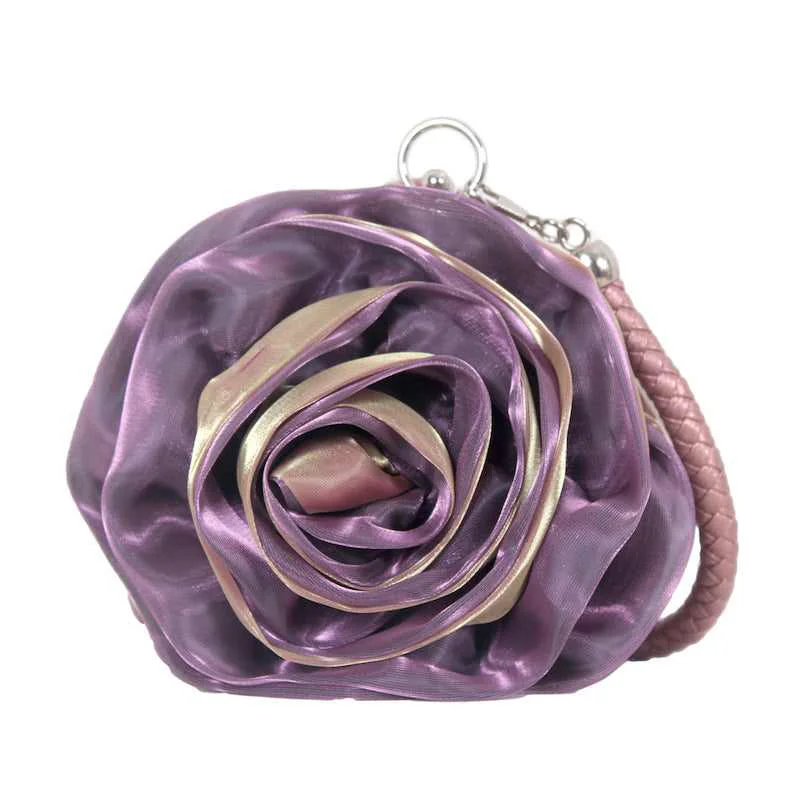 Environmentally Friendly Purple Satine Rose Flower Clutch Handbag with Removeable Strap Premium