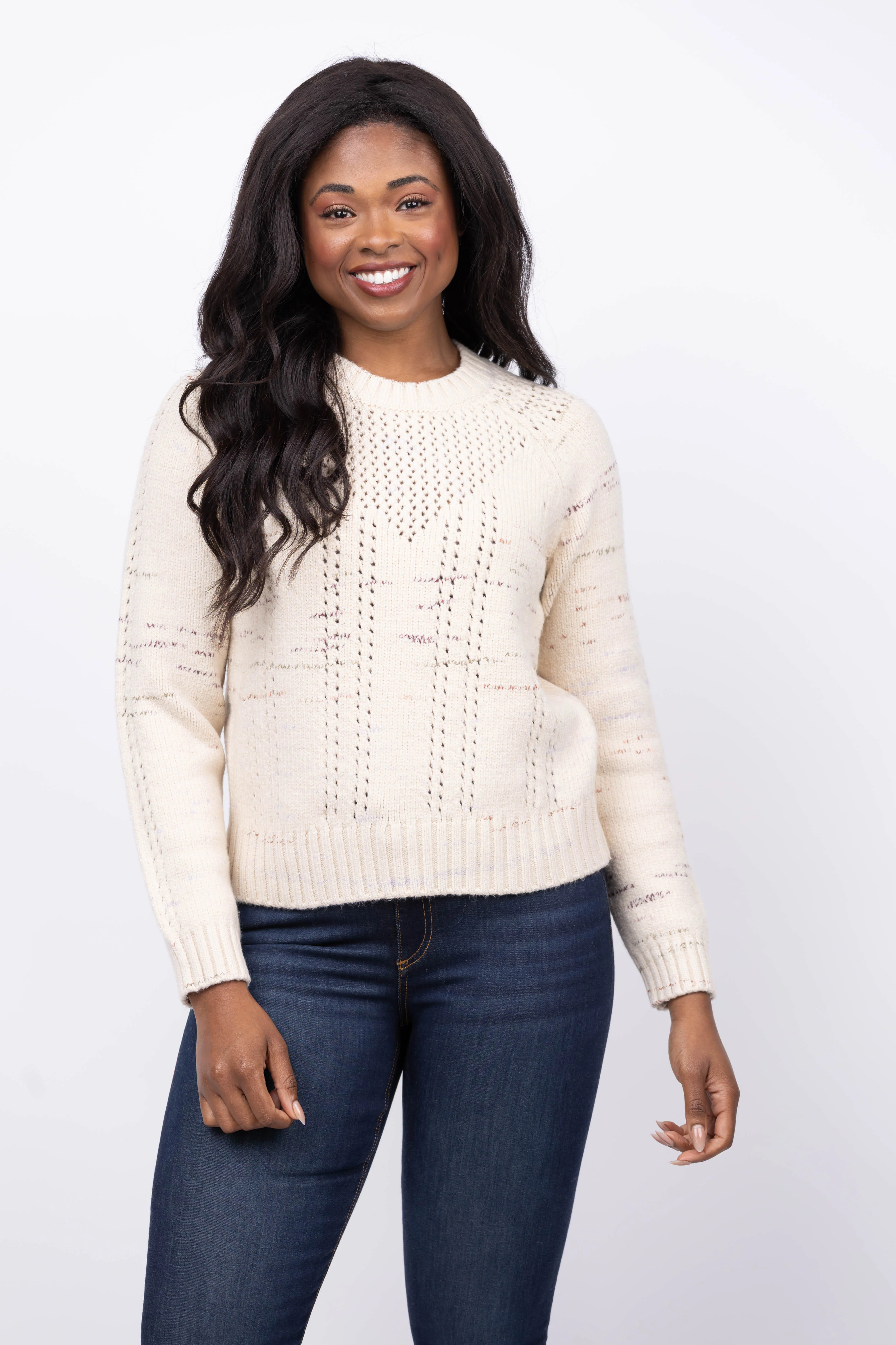 Sustainable Lilla P Open Stitch Crewneck Sweater in Eggshell Combo Long-Lasting