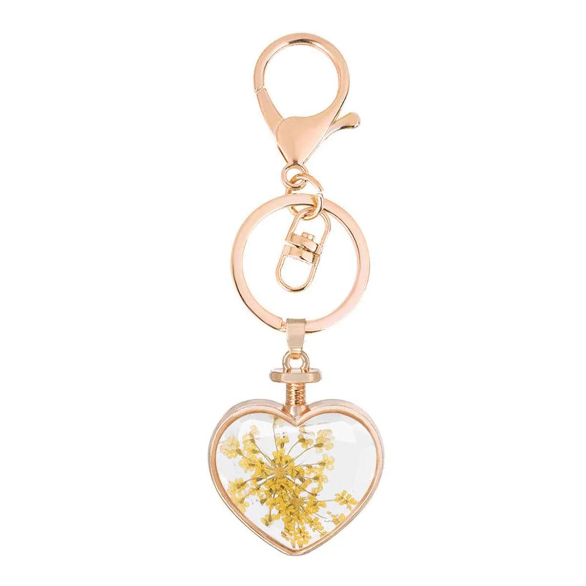 Next-Generation Yellow Gypsophila Goldtone Pressed Flower Heart Key Chain Versatile