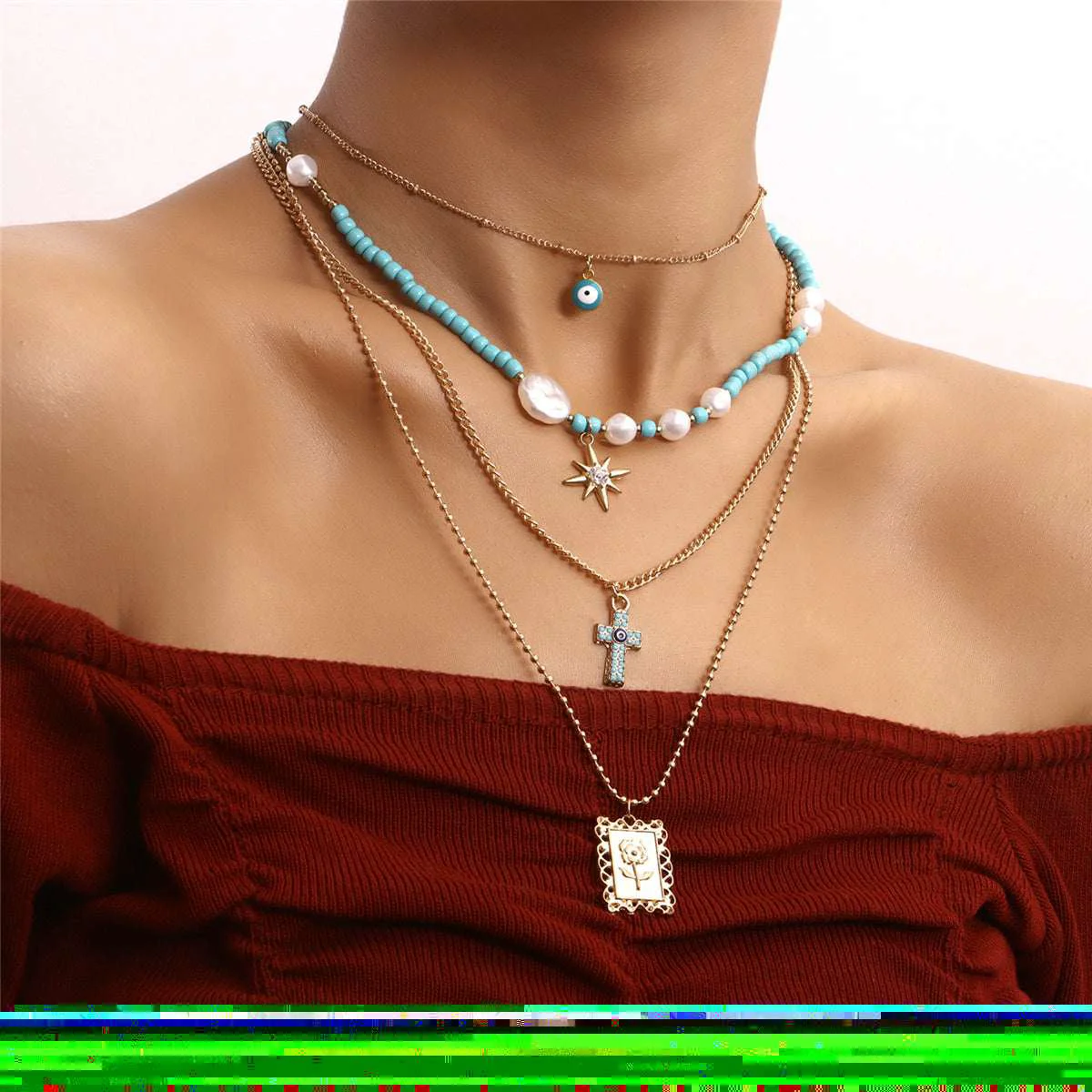 Artisan Teal Cubic Zirconia Rose Card Layered Pendant Necklace Modern