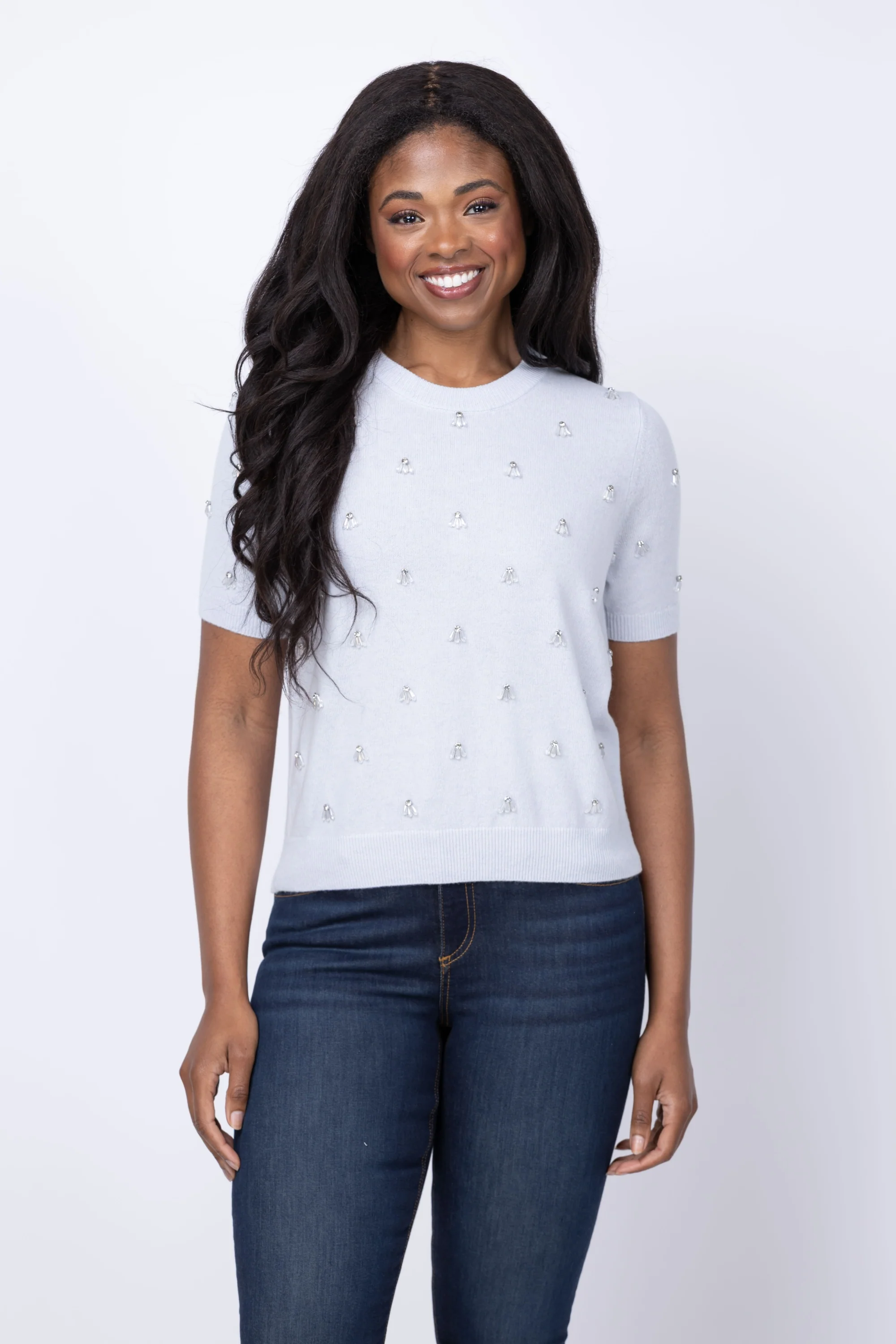 Optimized Milly Rosalyn Rhinestone Top in Light Blue Melange Original Design