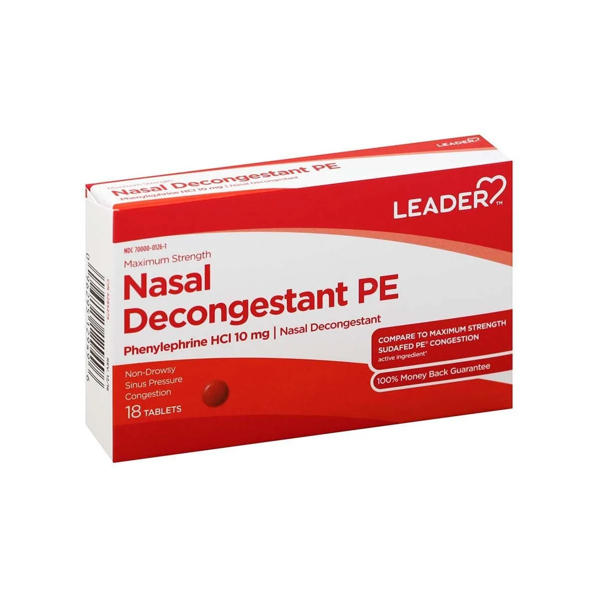 First-Class Leader Nasal Decongestant PE Phenylephrine HCL 10mg Nasal Decongestant Tablets 18 Ea Healthy