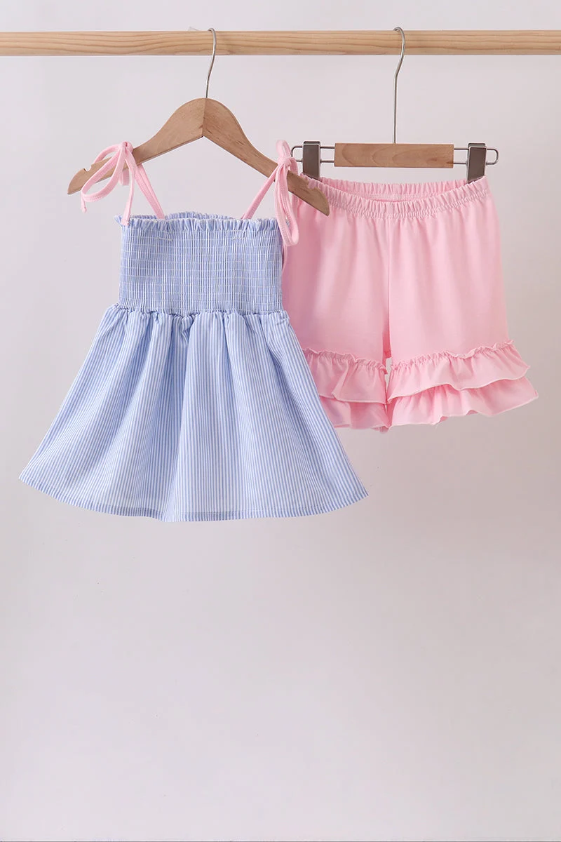 Sophisticated Blue Stripe Bow Smocked Ruffle Shorts Set Fine Crafted