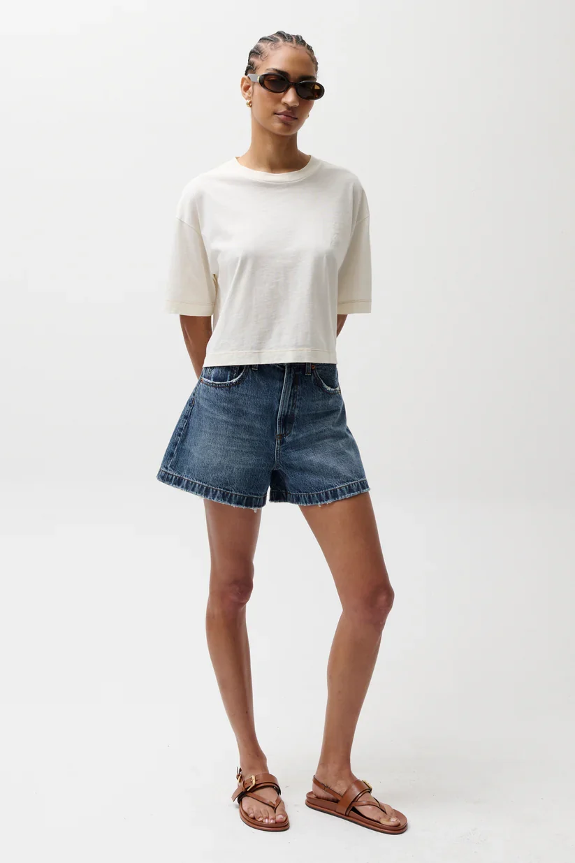 Enhanced PISTOLA Denim Saige High Rise A-Line Short in Wishbone Convenient