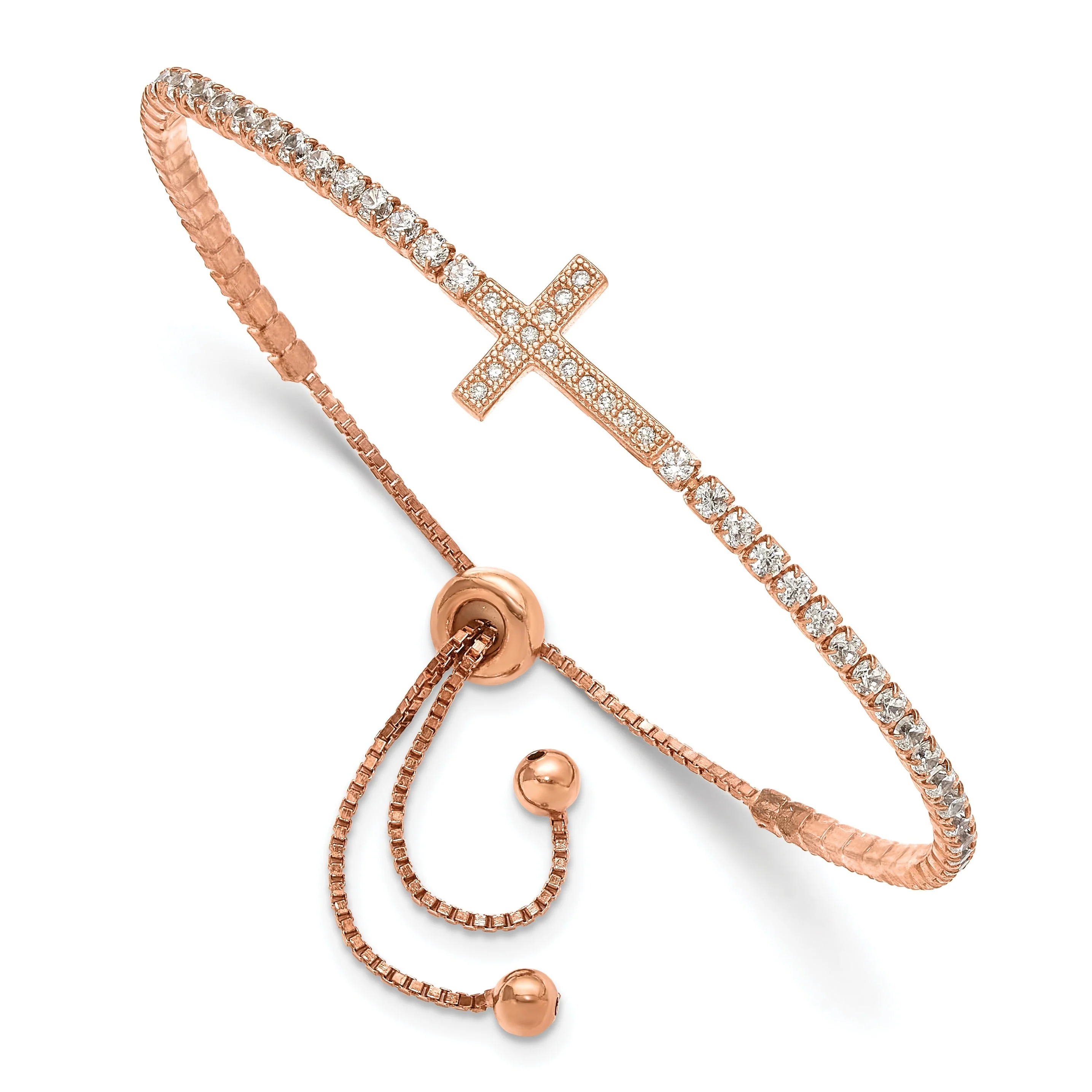 Clean Round White Cubic Zirconia Prong Rose Gold over Silver Sideways Cross Adjustable Slider Bolo Bracelet Selected