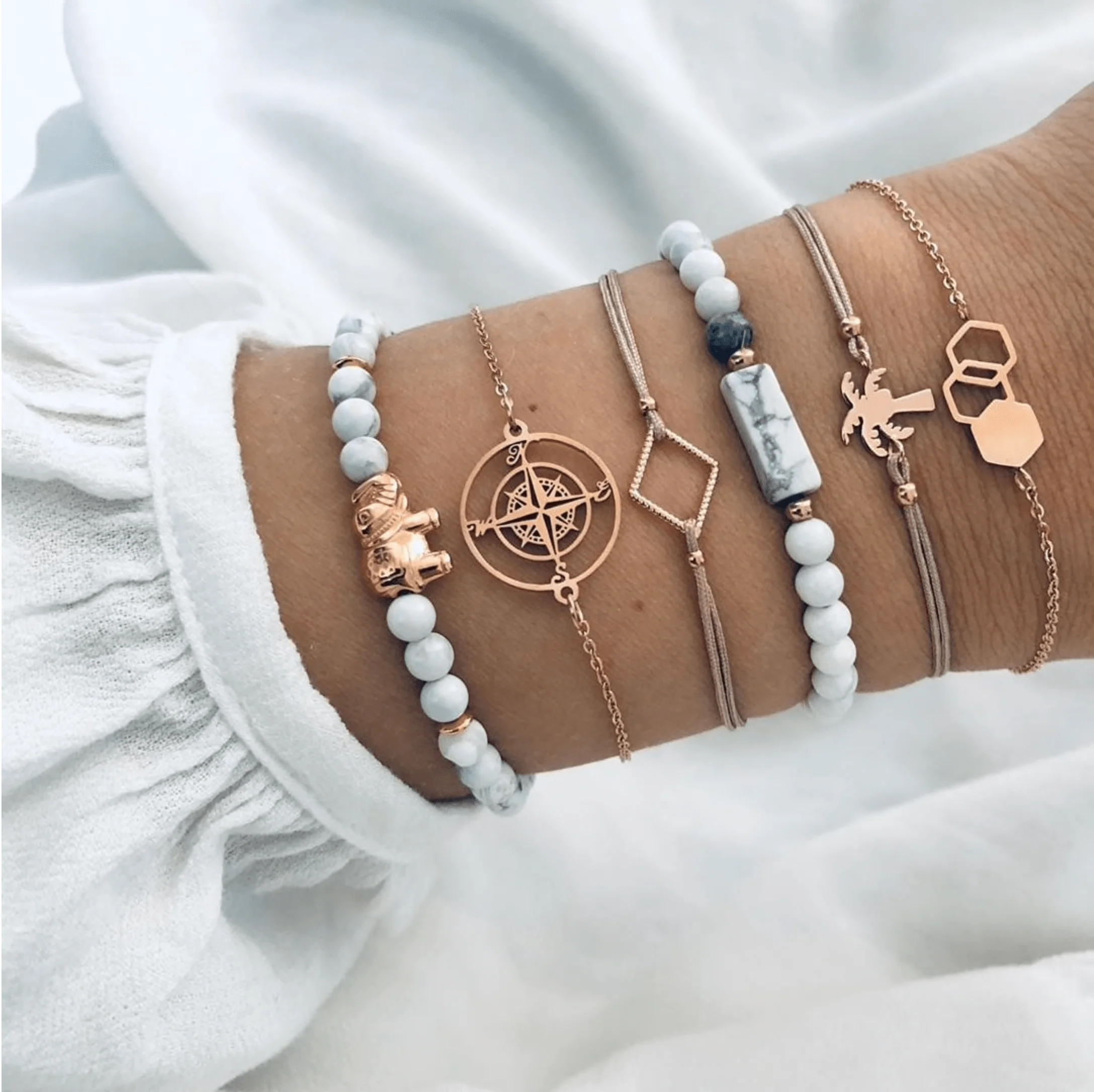 Minimalist Rose Goldtone Grey Marble Compass Bracelet Set Elite
