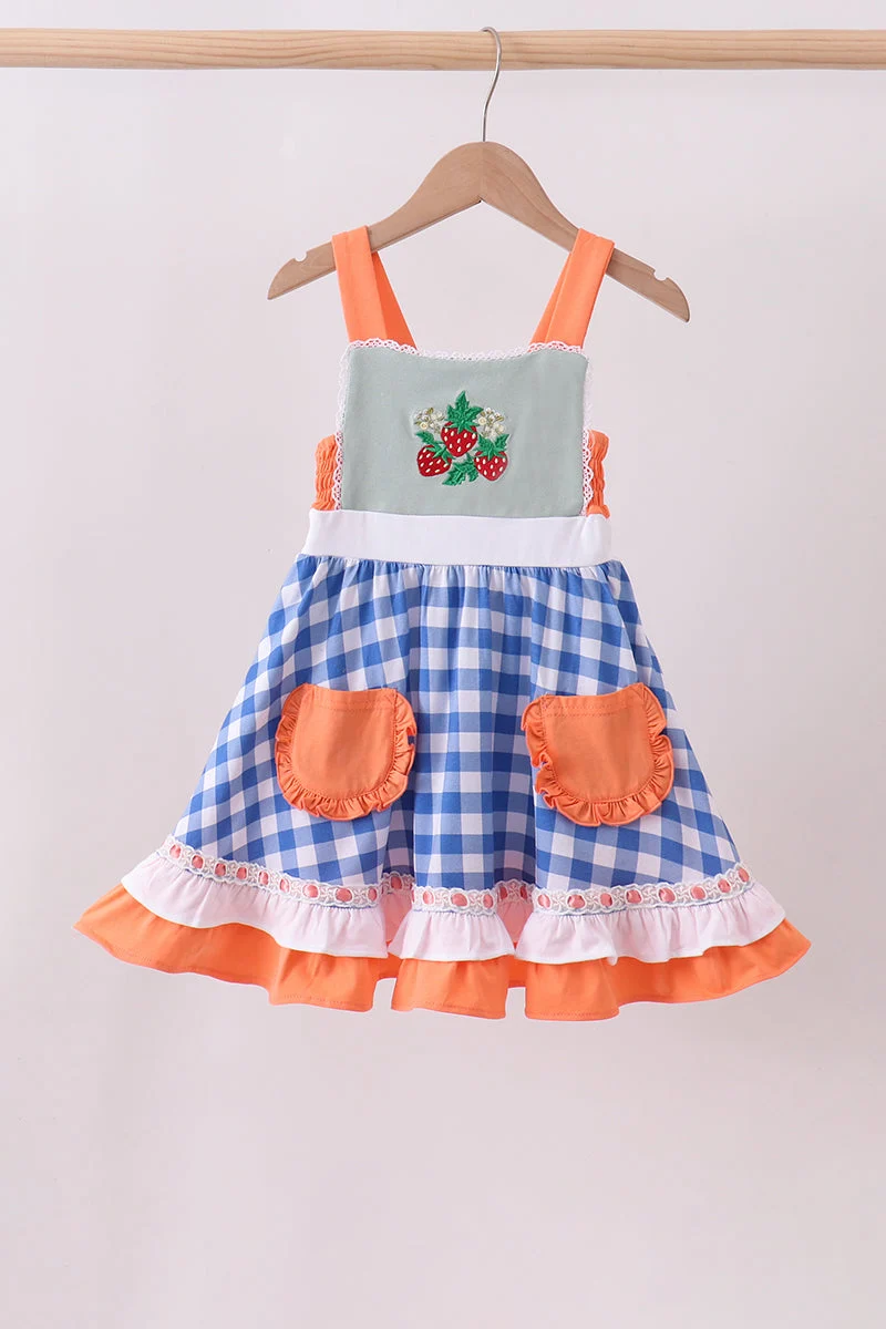 Specialty Sage strawberry embroidery ruffle gingham dress Crafted