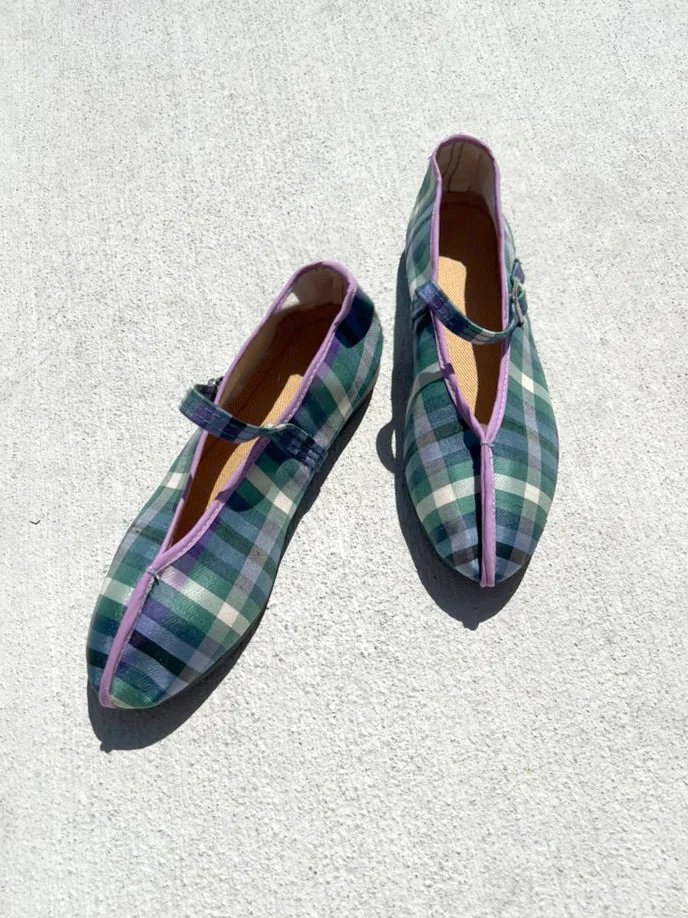 Enhanced theater shoes with straps- silk plaid with lavender piping Sophisticated