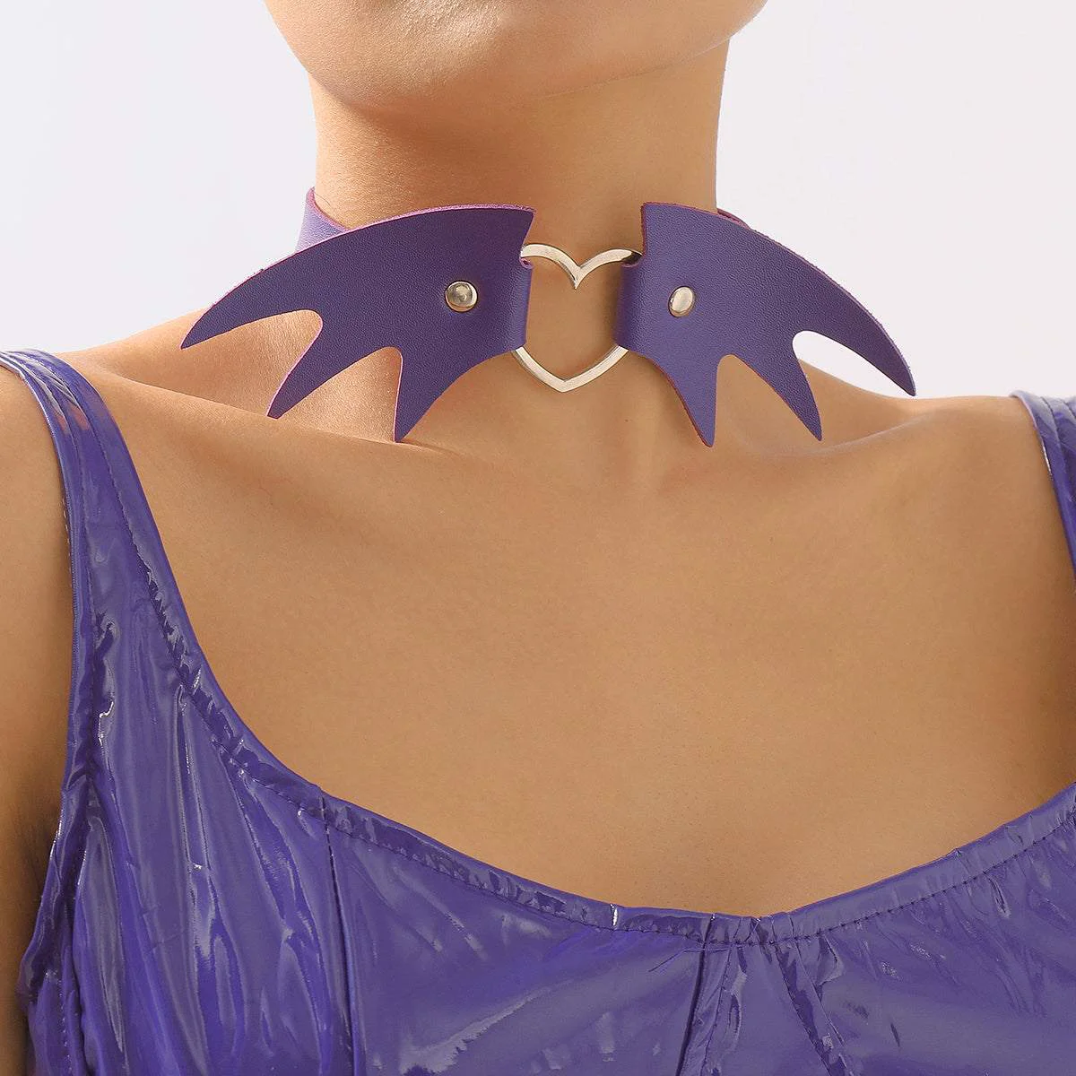 Artisan Purple Polystyrene Silvertone Bat Wing Heart Choker Necklace High-Quality