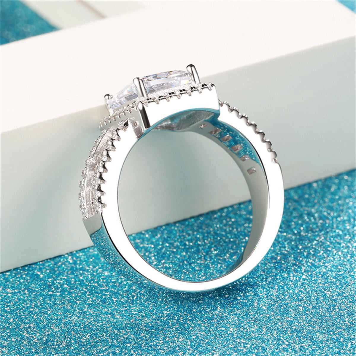 Verified Cubic Zirconia Crystal Silvertone Radiant-Cut Ring Sophisticated