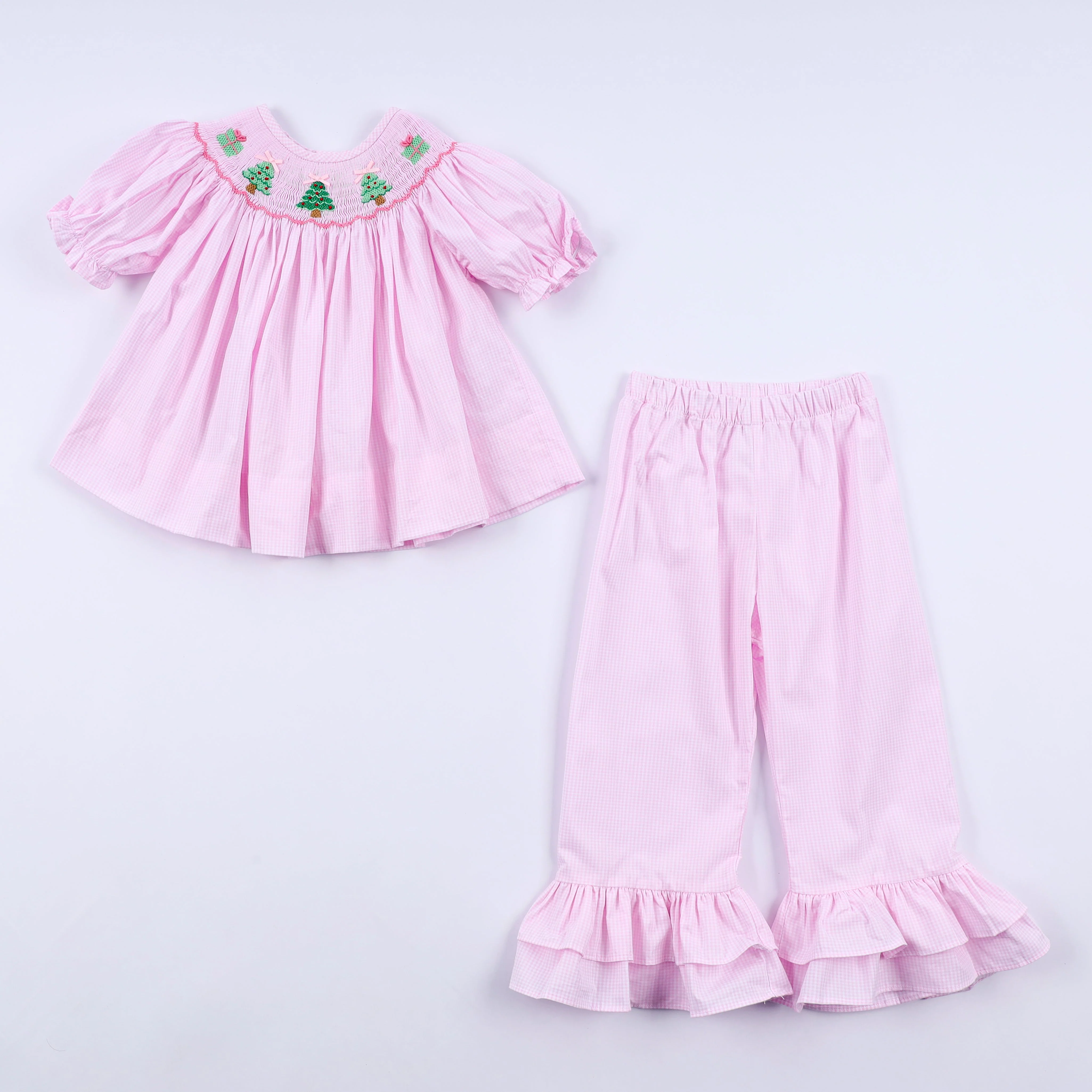 Contemporary Pink christmas tree hand smocked ruffle pants set Effective