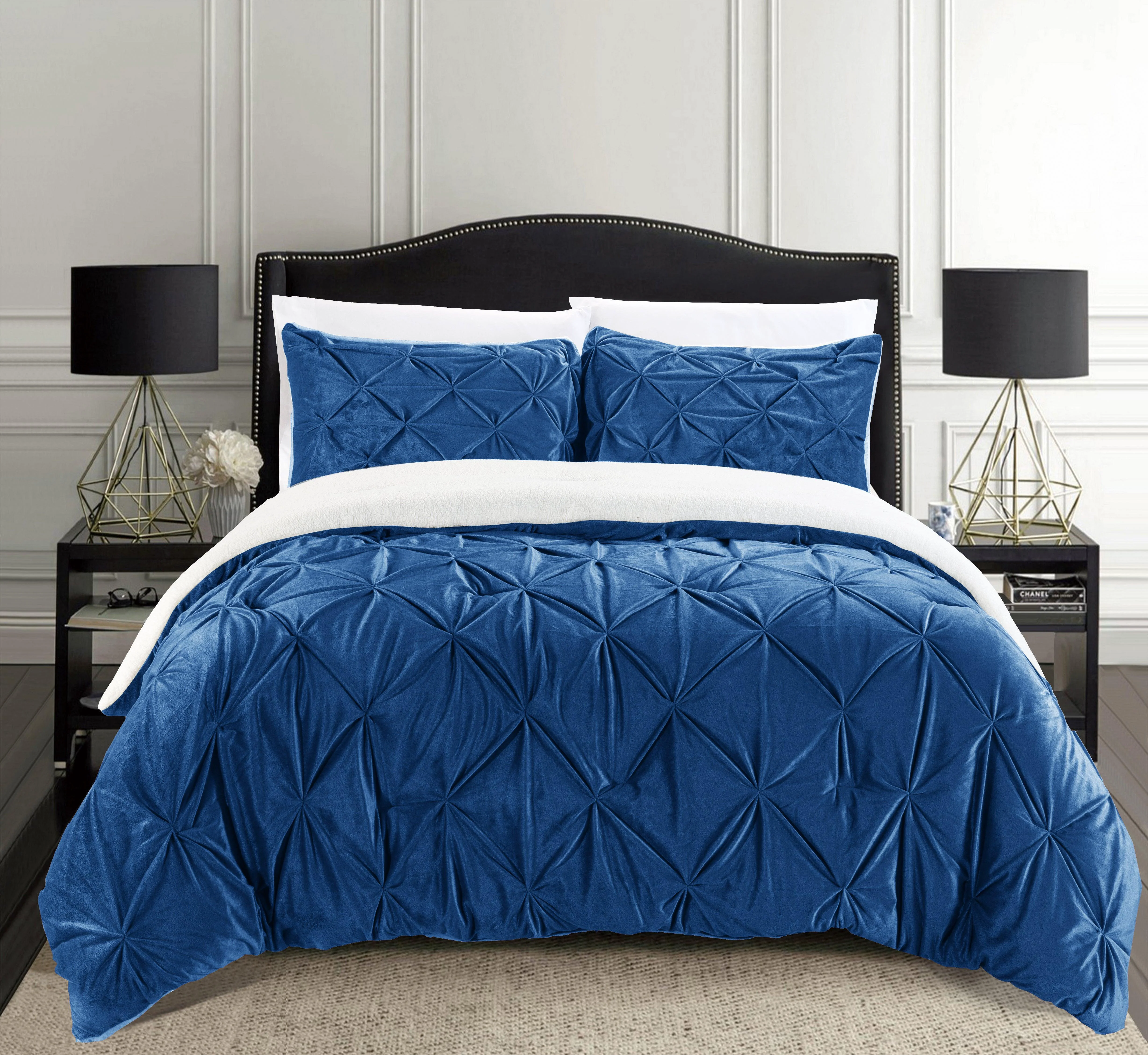 Classic Elegant Comfort 3-Piece Pinch Pleated Micro-Suede Reversible Sherpa - Comforter Set Premium Material
