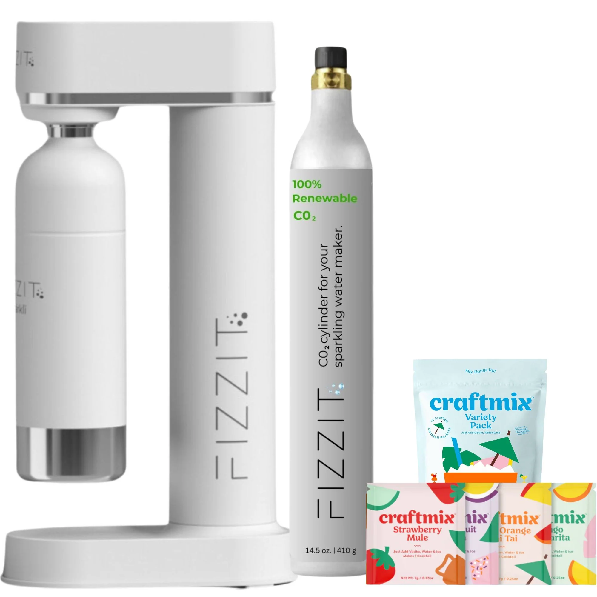 Green White Fizzit Stainless Steel Sparkling Water Maker Bundle Includes Soda Maker CO2 Cylinder 12-Flavor Variety Pack Customizable Carbonated Water Machine Reusable Bottle Eco-Friendly Functional