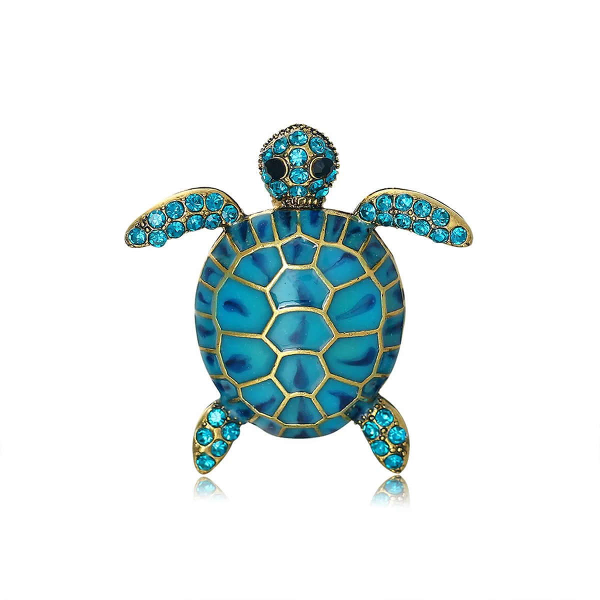 Recyclable Blue Cubic Zirconia Enamel Goldtone Turtle Brooch Detailed