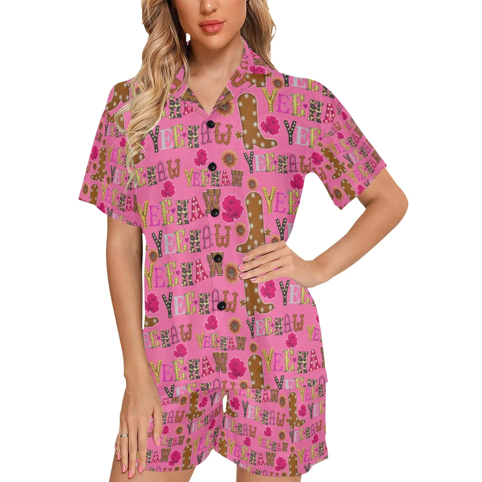 Eco-Friendly Pink Yeehaw Women's Western Pajama Set Smooth