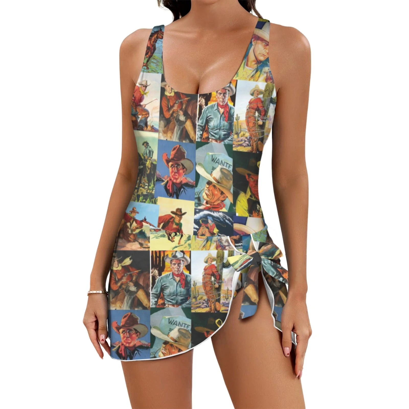 Reusable Baha Ranch Vintage Cowboy Skirted Swimsuit Fast