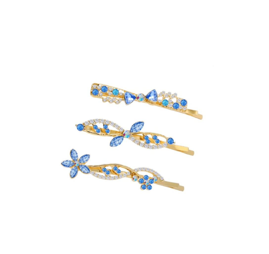 Efficient Goldtone Blue Floral Crystal Hair Pins - Set Of 3 Premium Material