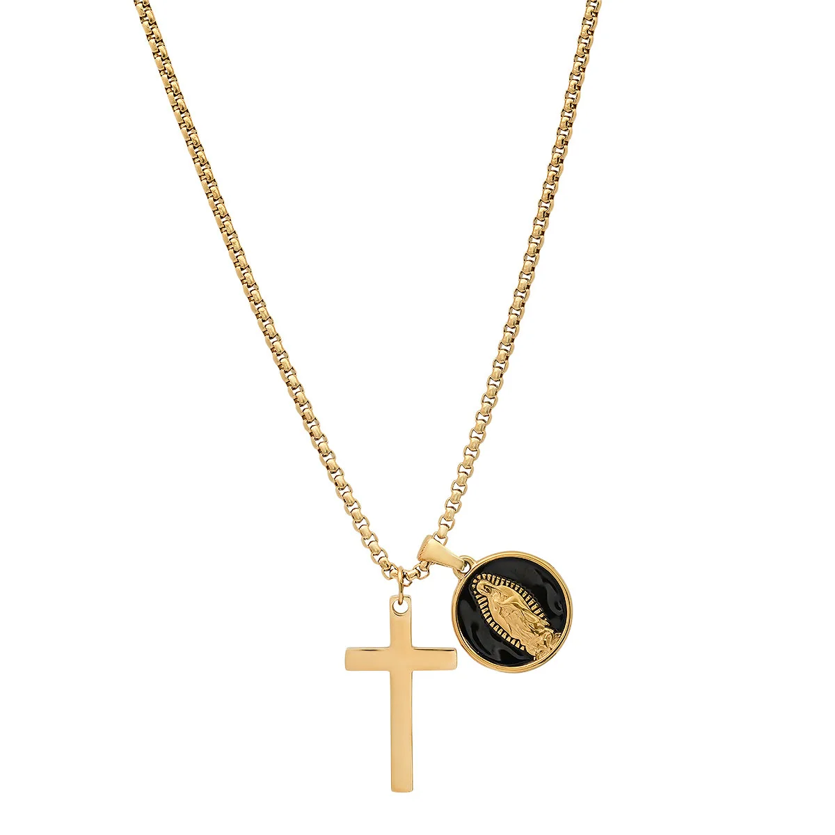Verified 18K Gold Plated Stainless Steel And Black Enamel Our Lady Of Guadalupe And Cross Pendants Fast