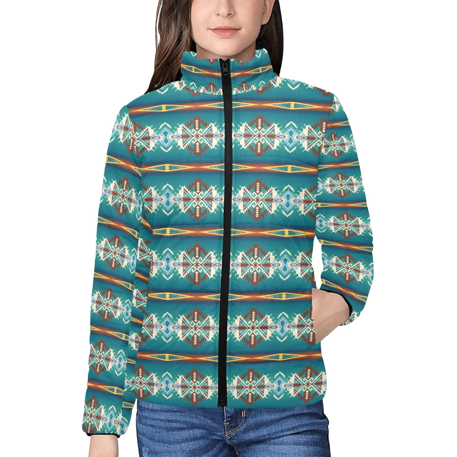 Effective Teal Aztec Women's Puffy Bomber Jacket Casual