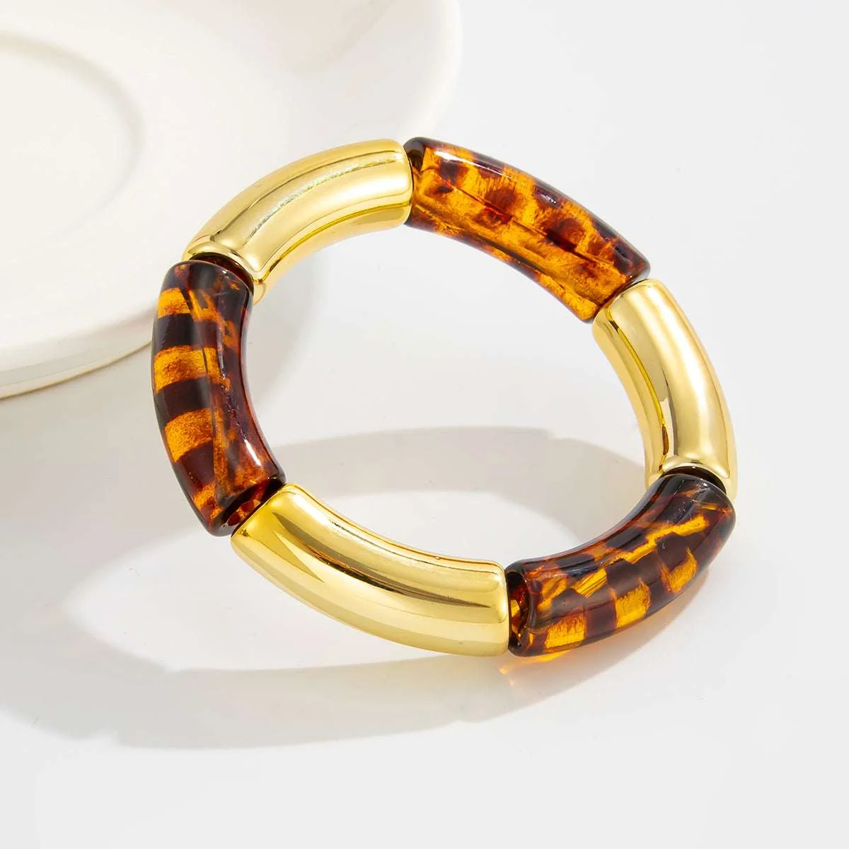 Breathable Amber Resin Goldtone Leopard Print Joint Stretch Bracelet Minimalist