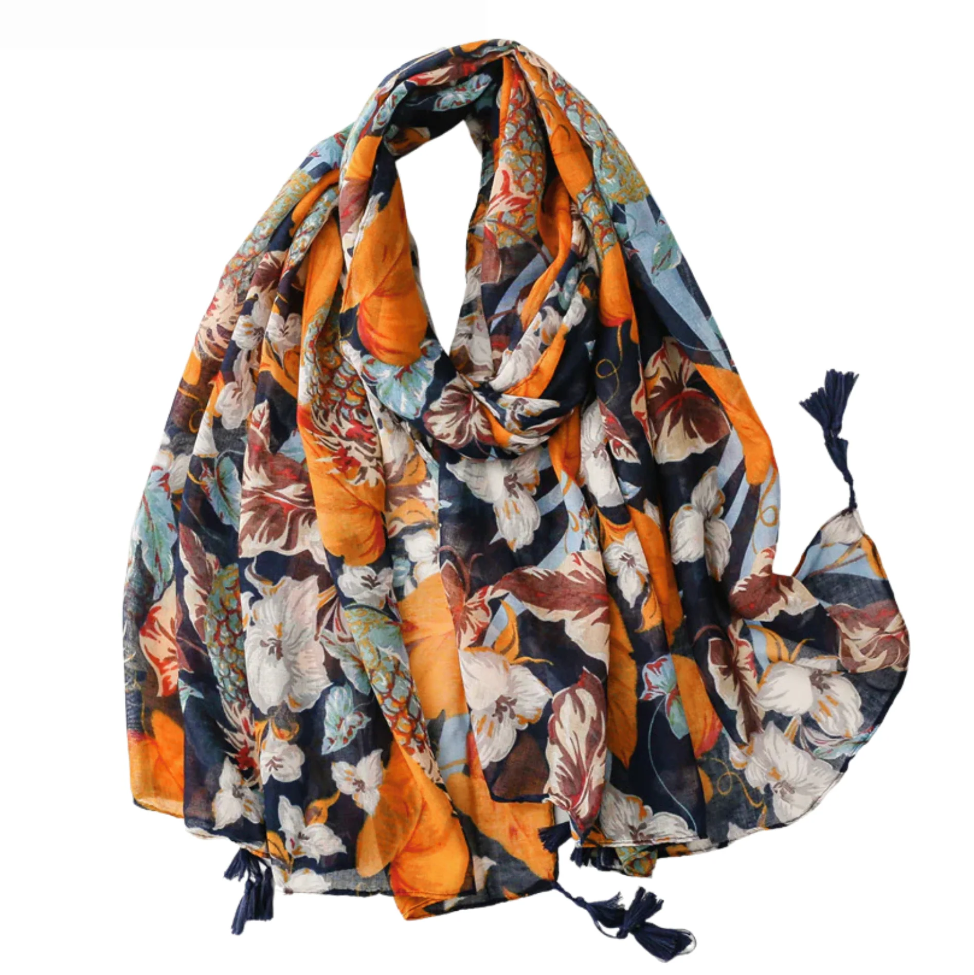 Clean Vibrant Navy and Orange Floral Scarf with Tassels Green