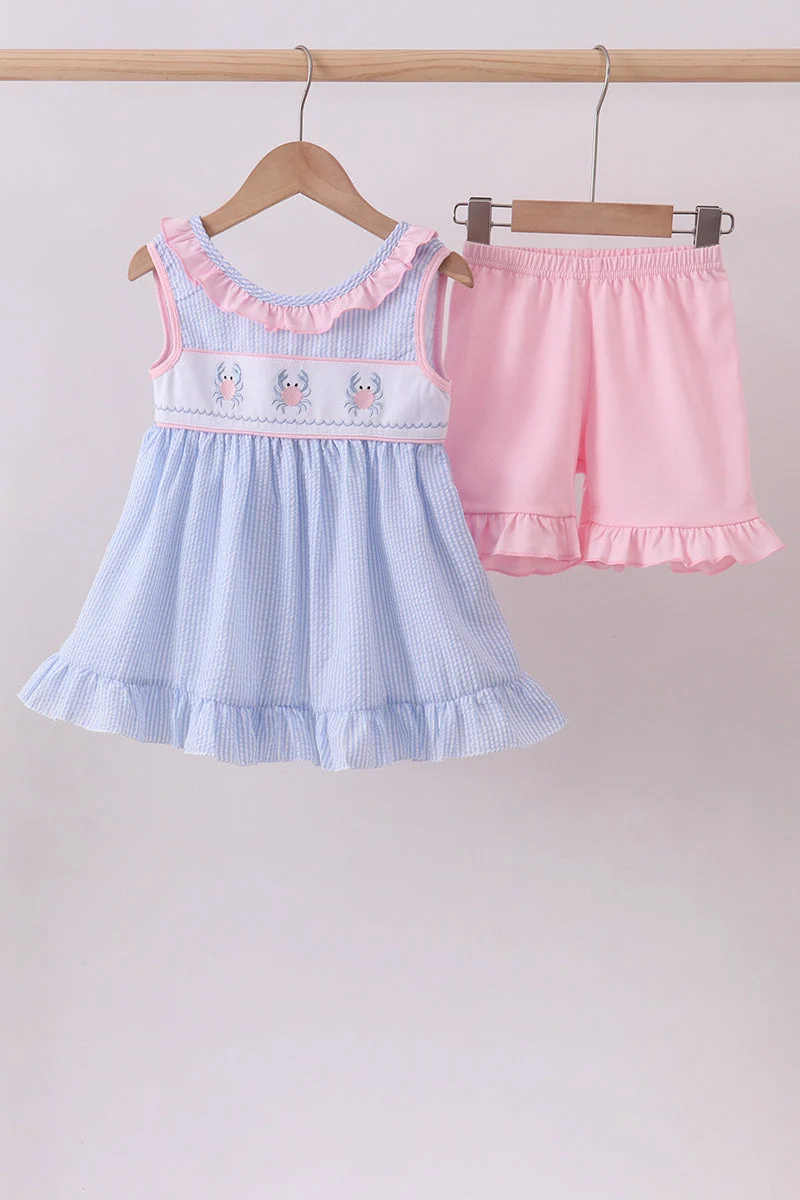 Smooth Blue Crab Embroidered Seersucker Ruffle Shorts Set High-End