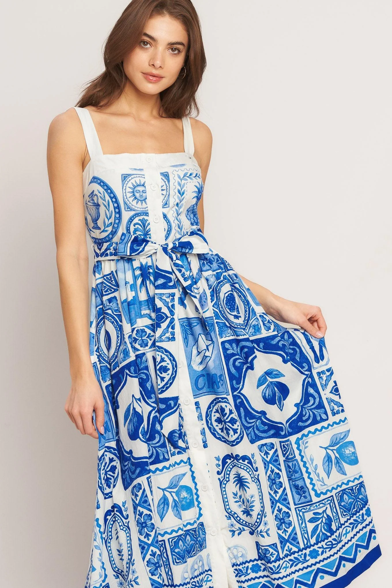 Unique Blue Majolica Charm Woven Midi Dress Sustainable