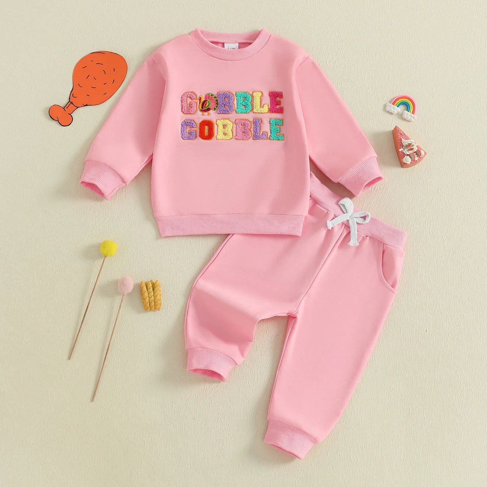 Specialty Baby Toddler Girls 2Pcs Thanksgiving Outfit Long Sleeve Turkey Gobble Embroidery Top Pants Jogger Set ClothesSPECIFICATIONS Crafted